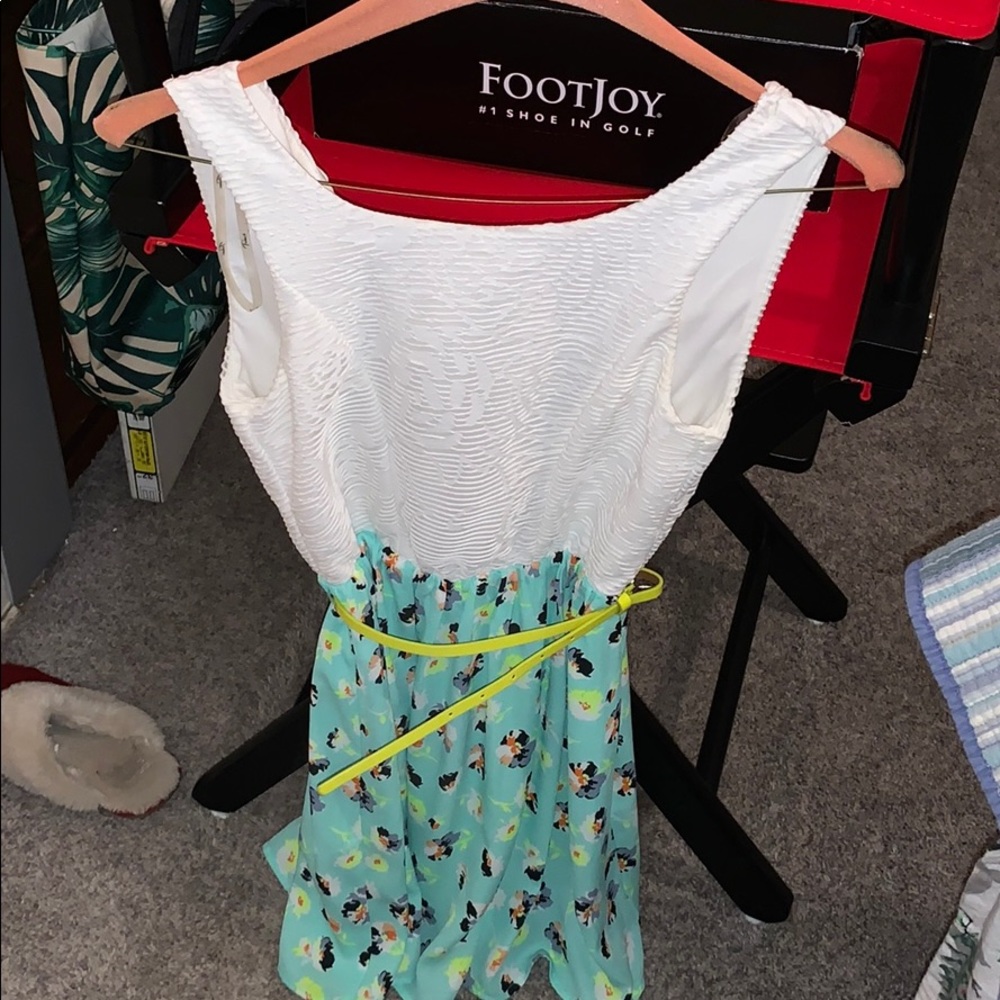 Blue floral and white dress with neon belt